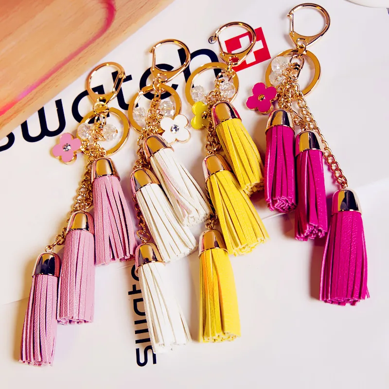 Women 3 Piece Tassels Key Chain 2017 New 12 Colors Suede Leather Car Keychain Bag Gold Ring for Jewelry | Украшения и аксессуары