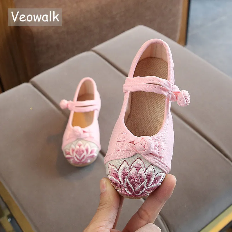 

Veowalk Lotus Embroidered Little Girls Comfort Cotton Ballet Flats Kids' Soft Canvas Shoes Children Teenagers School Dance Shoes