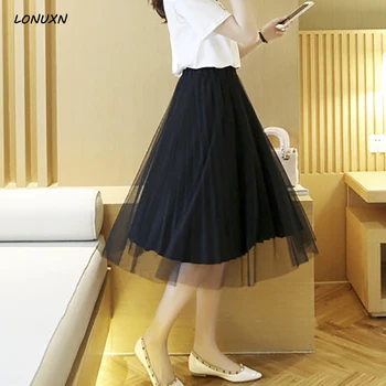 

High quality Korean summer new style skirts Wild A-line skirt Net yarn Puff skirts chiffon pleated high waist Slim long Female