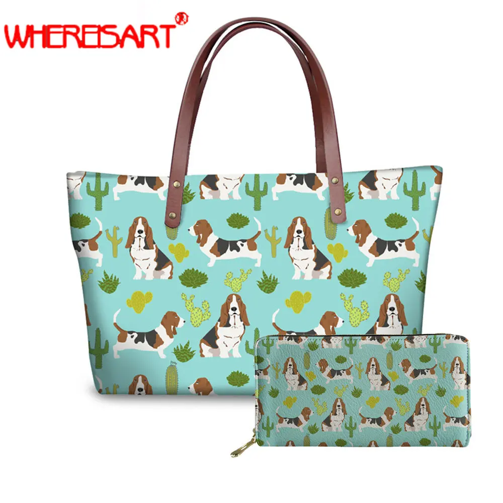 

WHEREISART basset hound mint cactus sweet pet dog summer tropical trendy design plants woman shoulder bags and handbags