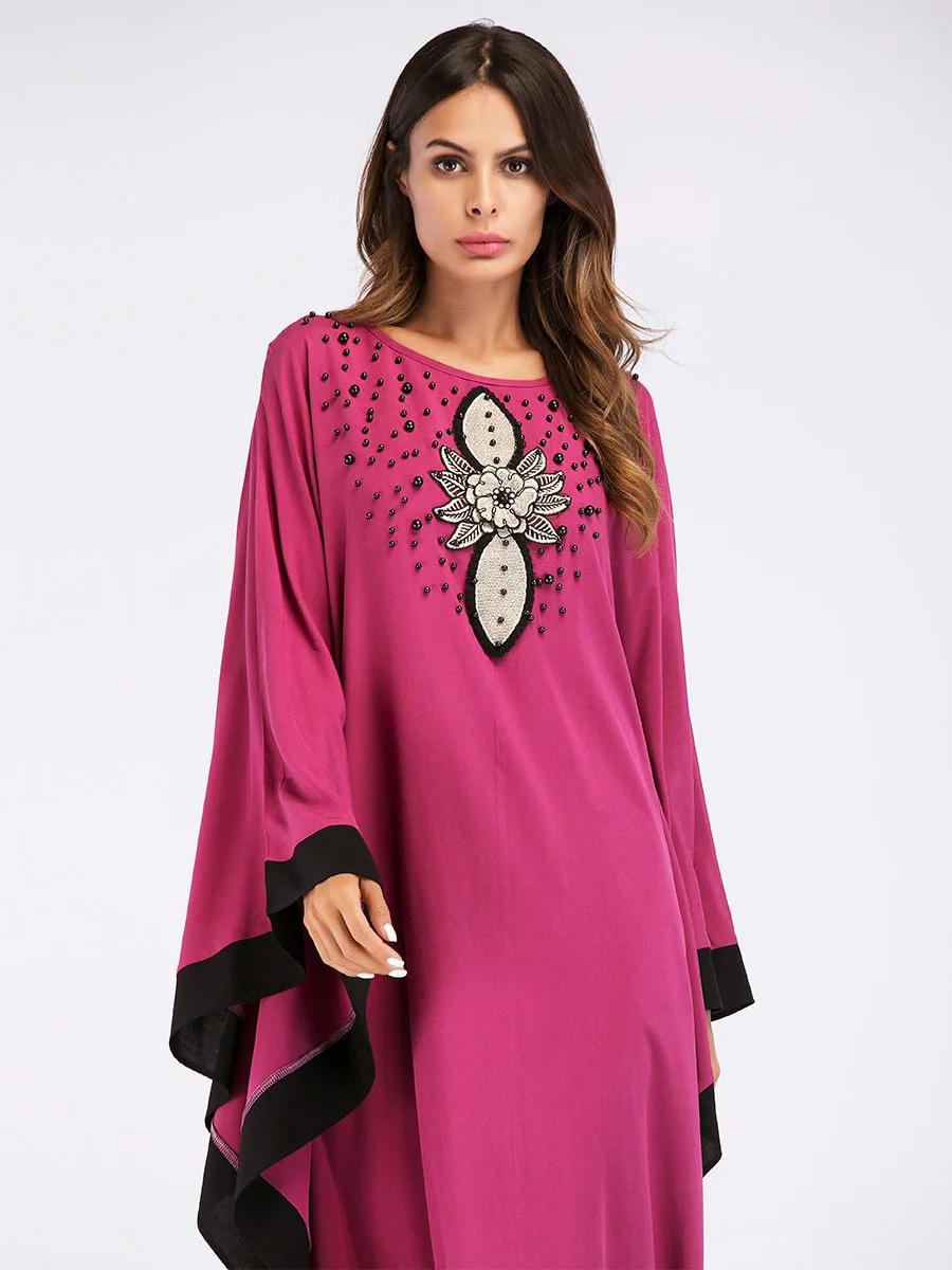 Повседневное Макси abaya Бисероплетение Полное платье Аппликации мусульманской набивной длинный рукав халаты кимоно Рамадан Ближний Восток Исламская одежда