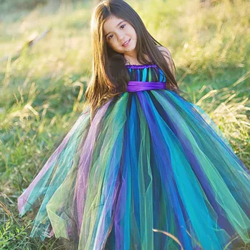 

New Satin Sashes Peacock Tutu Dress Girl Halloween Costume For Kids Wedding Birthday Photograph Party Elegant Tulle Girl Dresses