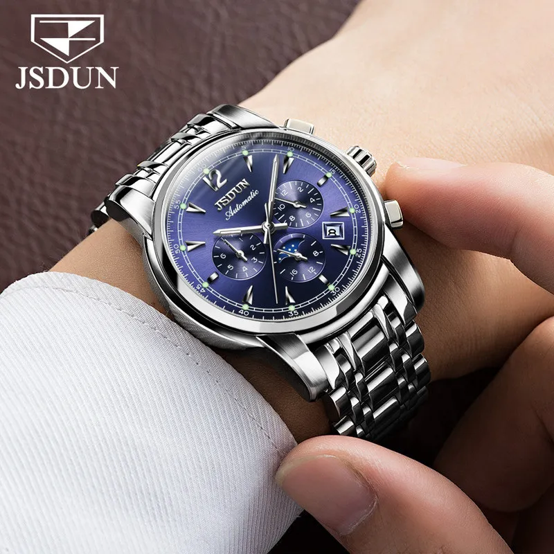 JSDUN механические часы для мужчин водонепроницаемые мужские s часы Топ Бренд роскошные часы Автоматические спортивные наручные часы Relogio Masculino - Цвет: Silver blue men