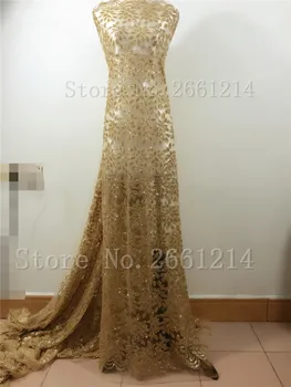 

Gold color special hand print glued glitter lace fabric on sale mesh embroidery lace for evening dress