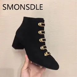 SMONSDLE/черные замшевые женские ботинки с острым носком из натуральной кожи с пряжкой на ремешке на массивном каблуке, женские осенне-зимние