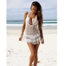 Сексуальный вязаный крючком женский кружевной топ бикини накидка купальник с v-образным вырезом купальный костюм пляжное платье