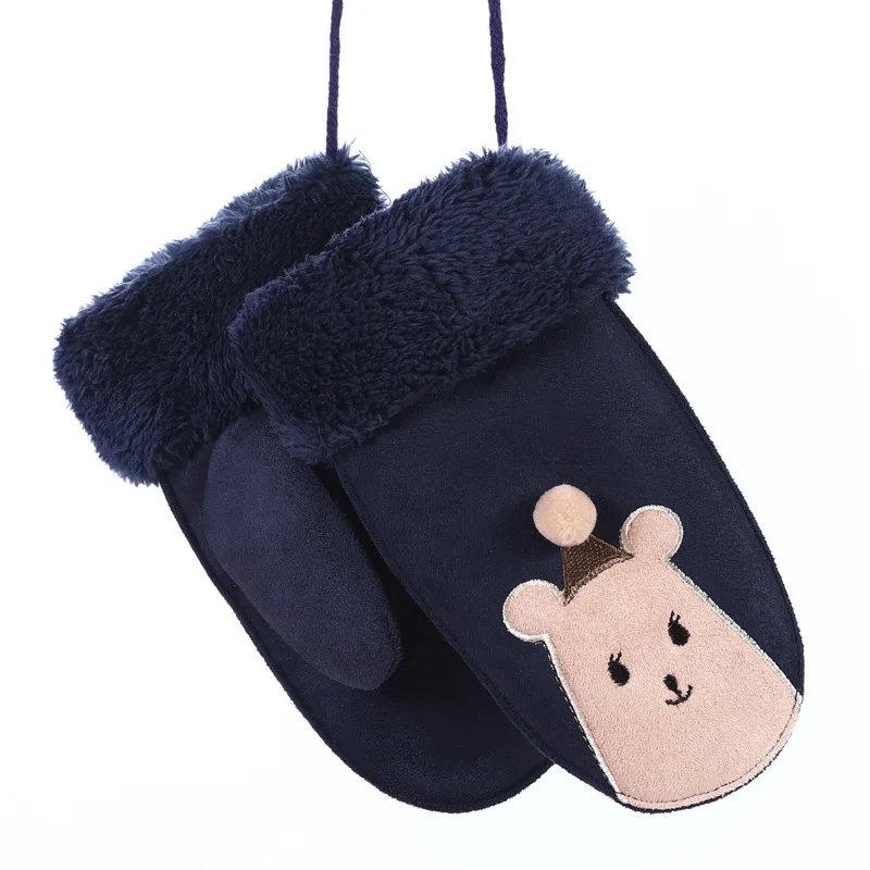 Модные детские варежки с милым кроликом и медведем из мультфильма для мальчиков и девочек, зимний плюшевый кашемир, толстые теплые замшевые кожаные перчатки 100H - Цвет: K Dark Blue