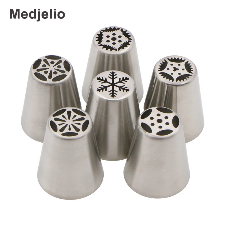

Medjelio 6Pcs Christmas Snowflake Stainless Steel Russian Nozzles Decorating Icing Piping Tips Cupcake Dessert Cake Baking Tools