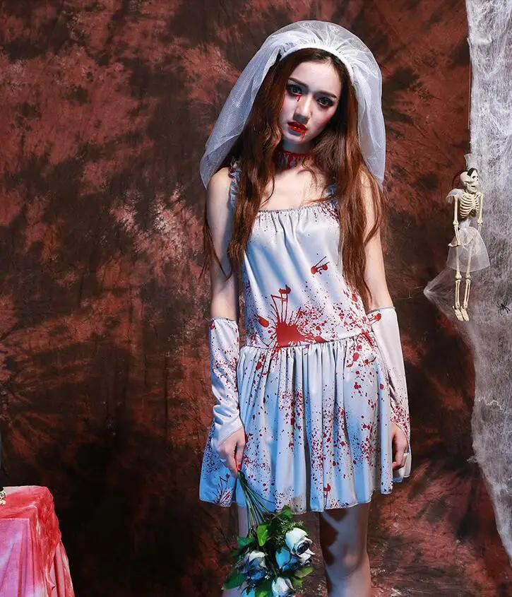 Страшный костюм кровавый Труп невесты Мэри белый костюм Cosplay платье маски для празднования Хэллоуина