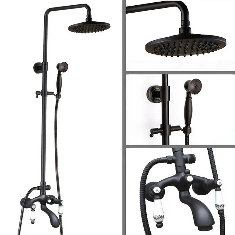 

Black Oil Rubbed Bronze Wall Mounted Bathroom 8 Inch Rainfall Shower Faucet Set Bath Tub Water Tap Dual Ceramics Handles ahg135