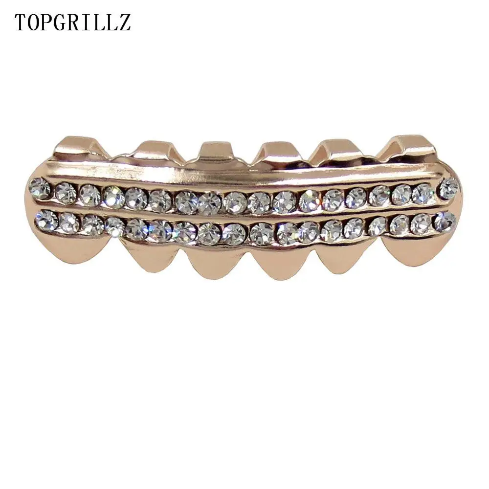 TOPGRILLZ Настоящее розовое золото цвет покрытием ICED OUT CZ зубы GRILLZ крест сверху и снизу зуб шапки Хип Хоп Bling Золотые грили - Окраска металла: Rose Bottom