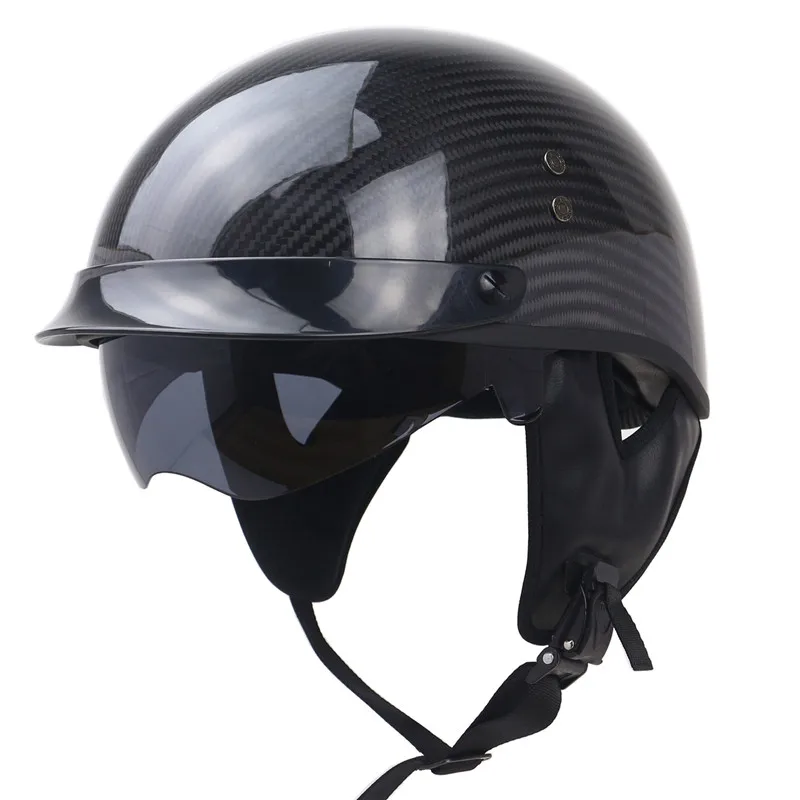 

100% carbon fiber half face helmet DOT approved light weight moto helmet with internal black sunglasses for adults