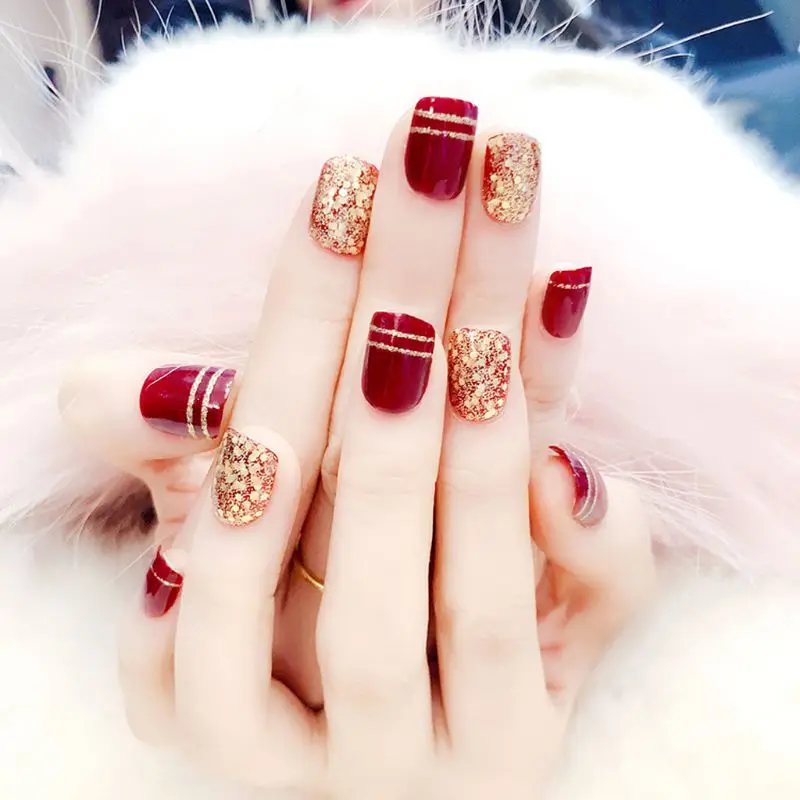 Шт. 24 шт. глянцевый красный поддельные ногти блестящие невесты Свадебные короткие дизайн накладные ногти