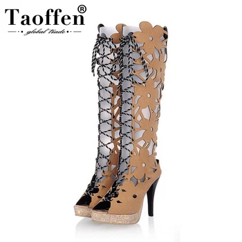 

TAOFFEN Women Sexy High Heel Sandals Boots Peep Toe Lace Up Flower Breathable Sandasl Summer Shoes Women Size 31-43
