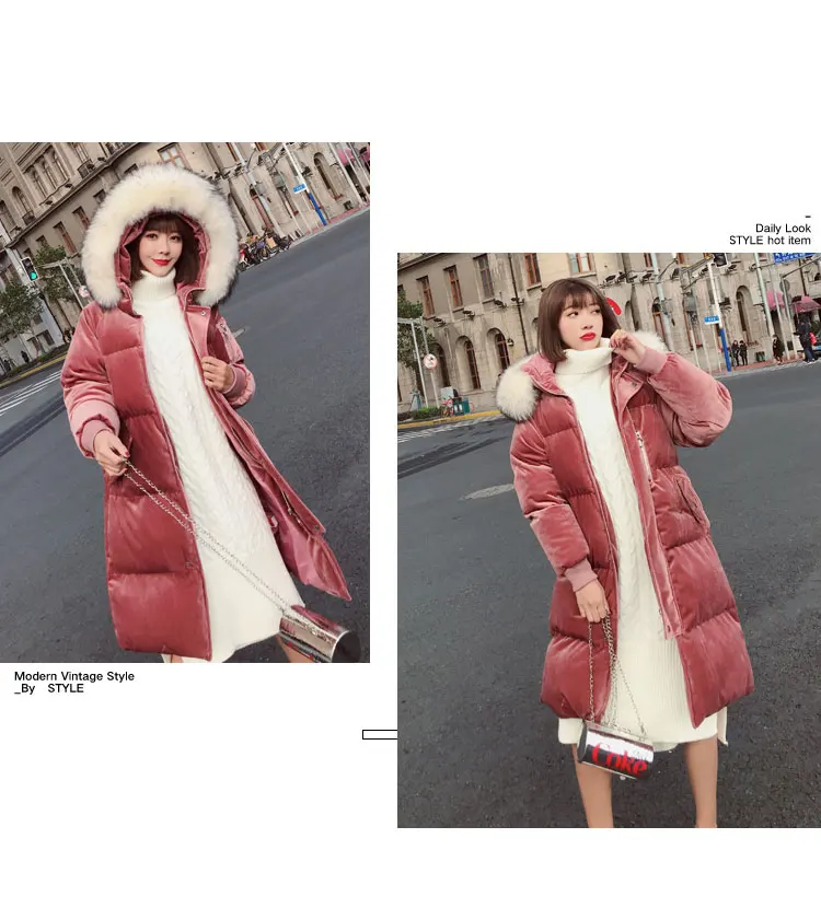 Женское зимнее плотное пальто с большим меховым воротником и капюшоном, паракс, высокое качество, однотонный цвет, бархат, ватное хлопковое пальто, Повседневная Длинная Куртка JQ507