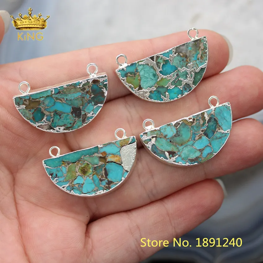 

5pcs Copper Turquoises NEW Charms Trendy Jewelry,Half Round Pine Turquoises Plated Silvery Bead Connectors Crafts Necklace GH457