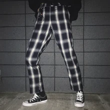 Корейский Ulzzang сплит брюки с кольцом черный белый решетки повседневные брюки японский Харадзюку уличная мода женские брюки карандаш
