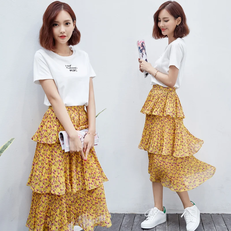 Image New 2017 summer fashion small flower print long skirt women slim fit tiered skirt for women pleated skirt	women s clothing CQ4