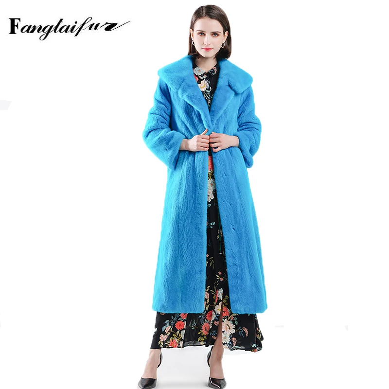 Ftangaiur Winter Jacket Import Velvet Mink Fur Coat Turn-Down Collar Solid Causal Coats Women's X-Long Real | Женская одежда