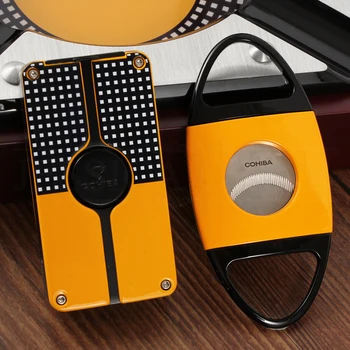 

COHIBA Metal Cigar Lighter Cutter Windproof Jet Gas Torch Lighters Stainless Steel Cigar Cutter Sharp Cuba Cigar Accessories Set