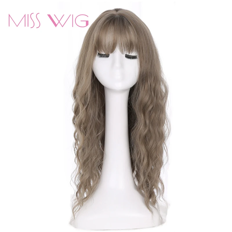 

MISS WIG Long Grey Brown Womens Wigs with Bangs Heat Resistant Synthetic Wavy Wigs for Black Women African American