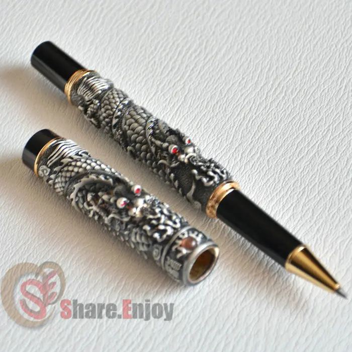 Шариковая ручка JINHAO старая серая с двумя бусинами DRAGON PLAY медная золотым и