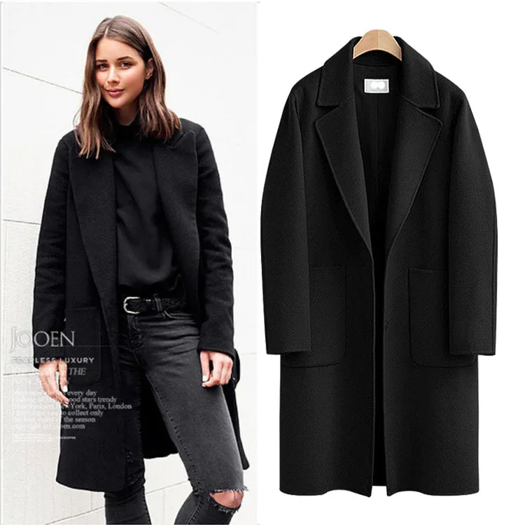 Новое осенне-зимнее женское Шерстяное Пальто, теплое свободное Женское пальто большого размера, модное Однотонное шерстяное пальто средней длины, верхняя одежда CW166
