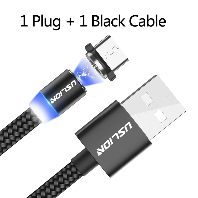 USLION 1 м светодиодный магнитный кабель и Micro USB кабель и usb type C Магнитный зарядный кабель для samsung S10 iPhone Xs Max XR X 8 7 6 Plus - Цвет: Black