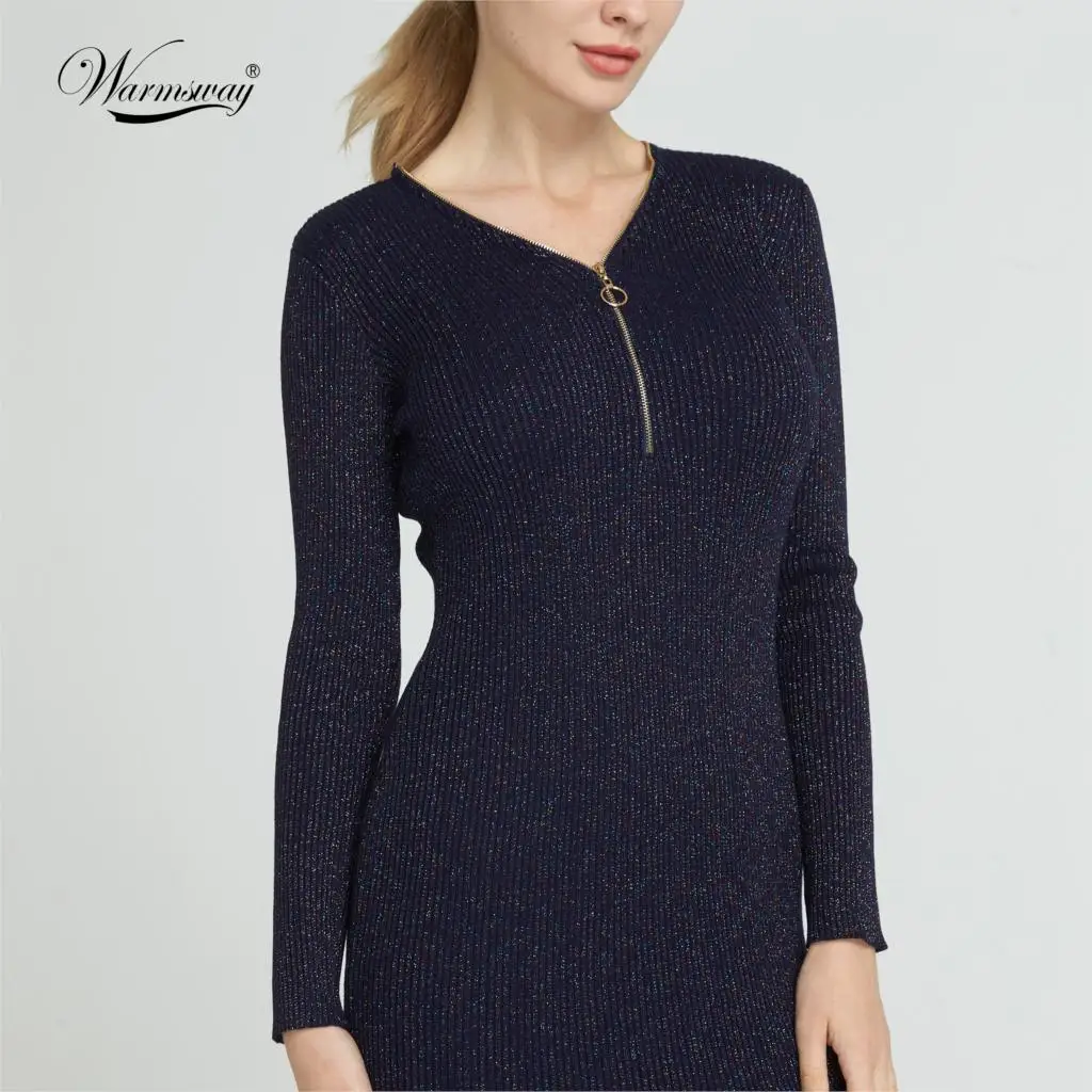 Warmsway Elegant Bust zipper bodycon dress Slim evening party club Lurex shine dress Women autumn winter sexy vestidos C-155