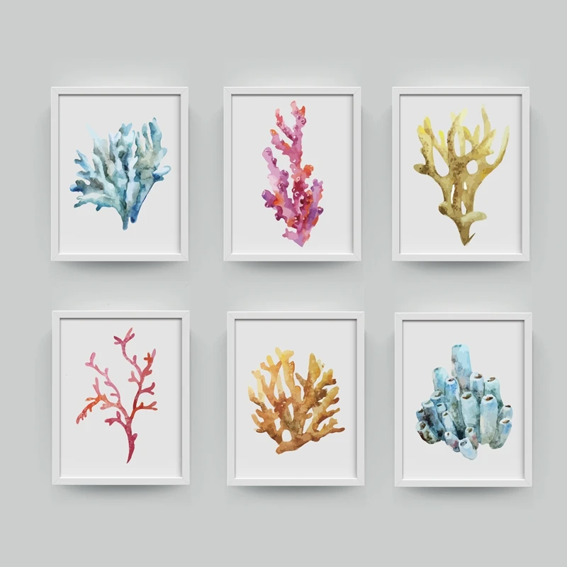 Corals Art Prints Wall Pictures Home Decor, Watercolor Cora Prints Wall Art Hanging Bathroom Canvas Prints Nautical Decoration