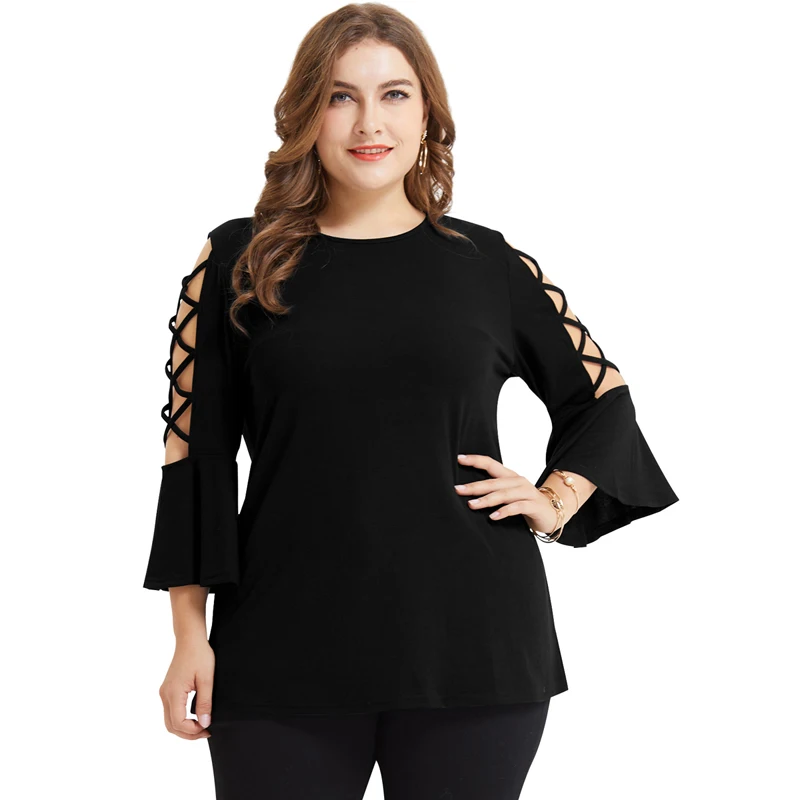 

Big Size Women Clothes Solid Crew Neck 3/4 Sleeve Hollow Out Flare Sleeve Summer Tops Loose Casual Blouses Black Red XXXL 4XL