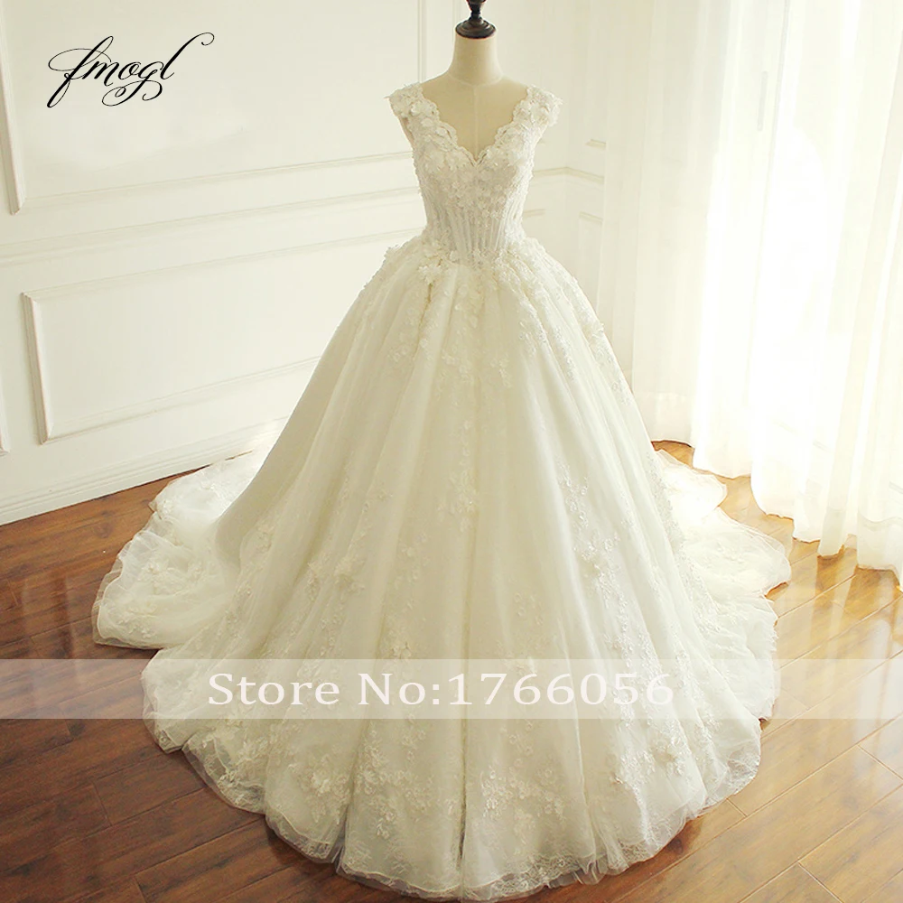 Fmogl элегантное кружевное свадебное платье принцессы с цветами винтажное свадебное платье с аппликацией из бисера размера плюс