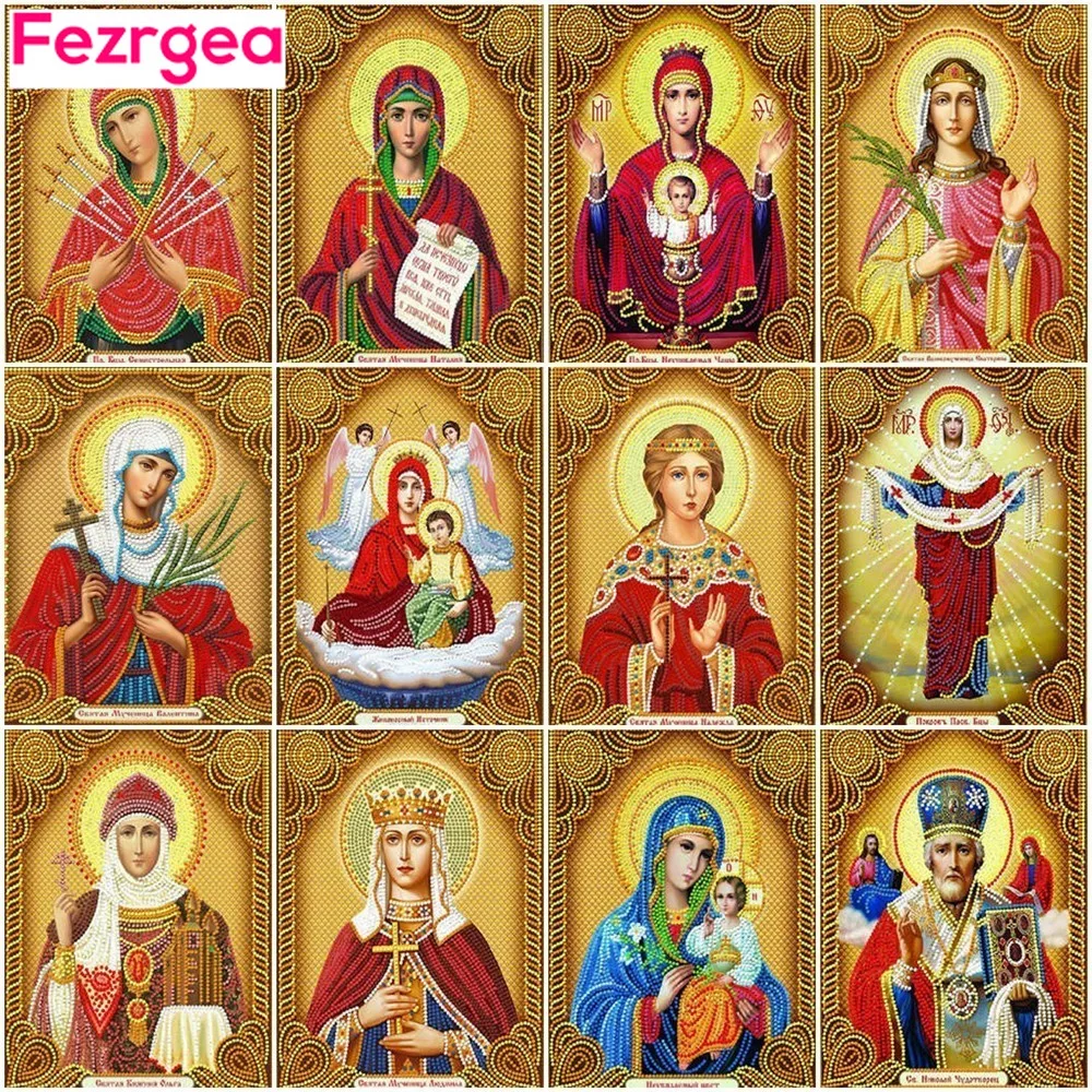 

Fezrgea DIY Diamond Painting Religion Icon Full Display Rhinestones Full Round Diamond Embroidery Cross Stitch Mosaic Home Decor