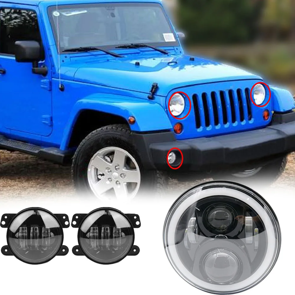 

Pair 75W 7" Led Headlights DRL Projection + 4 '' LED Fog Lights for Jeep Wrangler with angel eyes