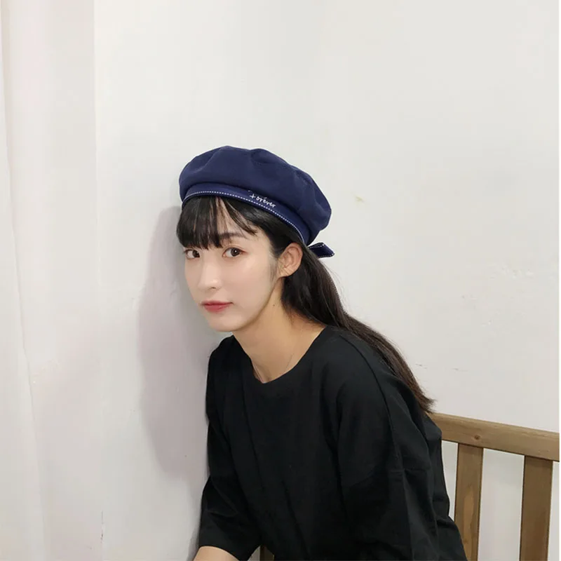 Fashion Cotton Beret Hat Women Ribbon Bow Letter Embroidery Cap Female Ladies Beanie Beret Sweet Girls For Autumn Winter