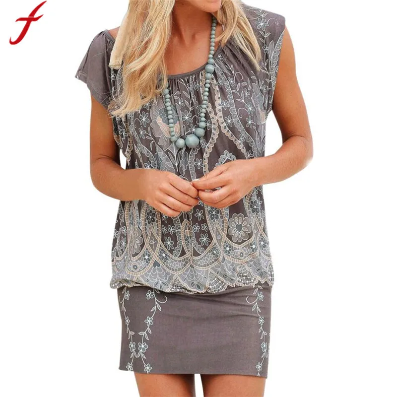 

Feitong 2018 Fashion Dress Women Casual Short Sleeve Retro Print O-Neck Beach Mini Dress Or Tops summer dress Plus Size Vestido