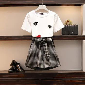 

HAMALIEL Plus Size 4XL Women Shorts Suit Summer Embroidery Eyes Love T-Shirt + Elastic Waist Bowknot Plaid Wide-Let Pants Set