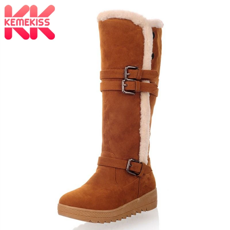 

KemeKiss Size 36-43 Ladies Flats Boots Mid C Round Toe Buckle Plush Fur Winter Warm Knee Boots Korean Fashion Women'S Shoes