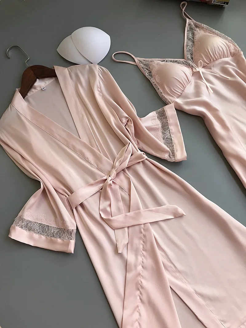 Queenral 2PCS Women Gown Sets Silk Satin Robe Nightgown Set Sleepwear Home Suit Night Sleep Plus Size M-XL Intimate Lingerie 6