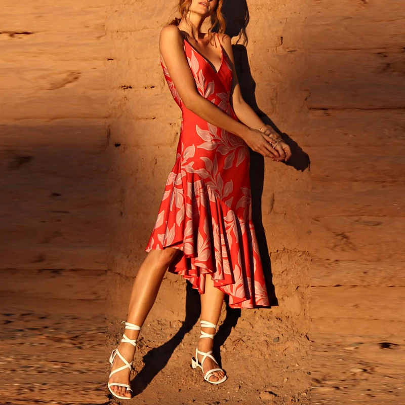 

2019 Runway High Quality Dress Women Sexy V Neck Backless Floral Print Ruffles Midi Dress Female Fshion Holiday Party Dresses