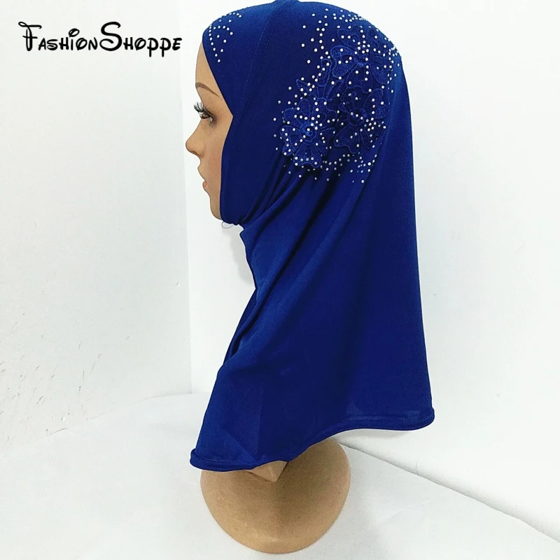 Solid Color Girls Kids Muslim Hijab Islamic Arab Scarf Shawls with Beautiful Flowers YS236
