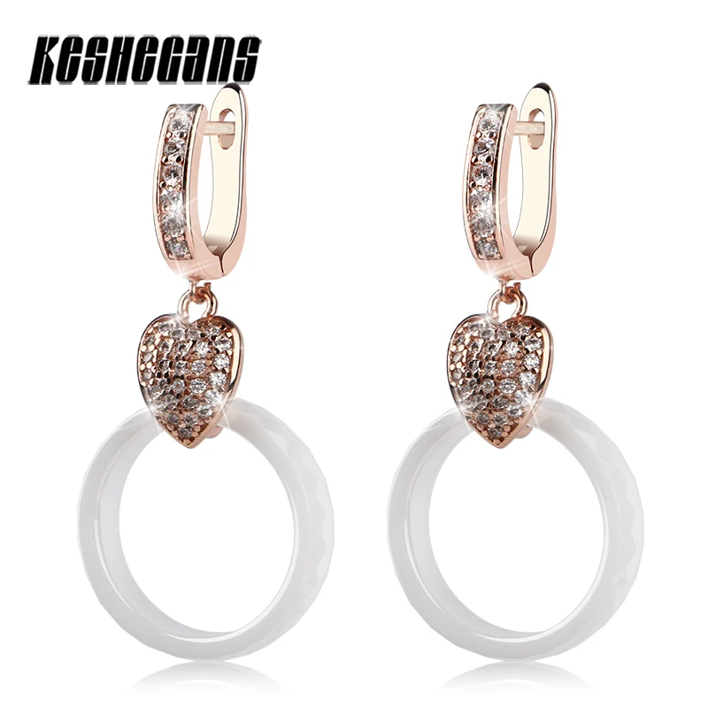 

TUHE Healthy White Ceramic Hand Cut Section Circle Women Earrings Luxury Ear Drop Earrings Rose Gold Silver Metal With Crystal