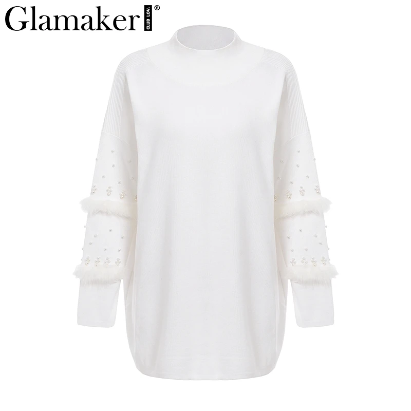 Glamaker Pompom fur pearl knitted long jumper Women grey turtleneck summer sweater Female loose spring pullover pull femme 2018 Glamaker Pompom fur pearl knitted long jumper Women grey turtleneck summer sweater Female loose spring pullover pull femme 2018