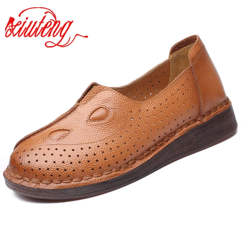 

Xiuteng Summer Hole Breathable Mother Shoes Leather Soft Bottom Flat Shoes Woman Genuine Leather Flats Red Black Orange