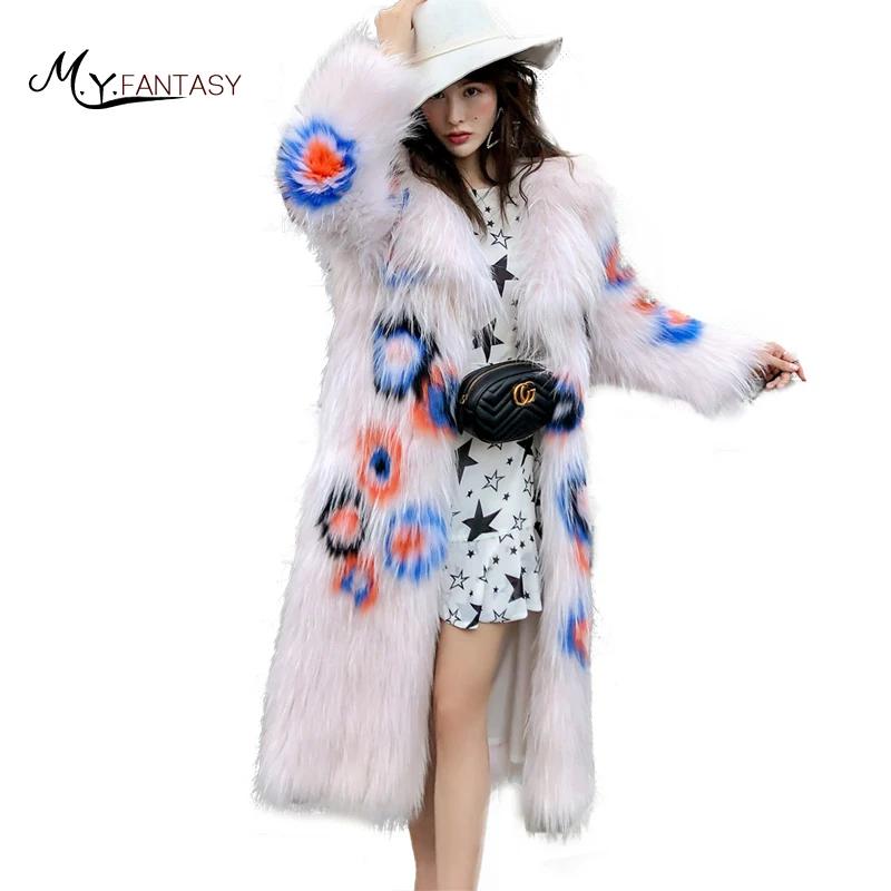 M.Y.FANSTY2018 Raccoon Dog Fur Coat Turn Down Collar Print Women Slim