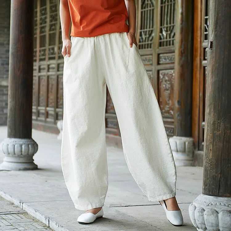 LZJN 2019 New Women Solid Color Pockets Loose Pants Vintage Elastic Waist Cotton Linen Wide Leg Full Length Pants (33)