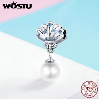 

WOSTU Summer Tropical Shell Charm 925 Sterling Silver Freshwater Pearl Beads Fit Original Bracelet Charm Pendant Jewelry FIC1155