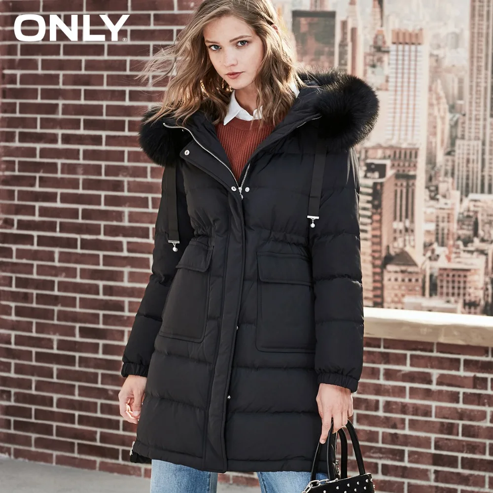 

ONLY womens' winter new simple fox fur collar long down jacket Beaded Drawstring Side zipper slits|118323523