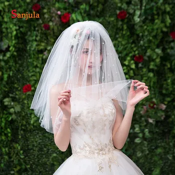 

Three Layers Soft Tulle Bridal Veils with Comb Pears Shoulder Length Cut Edge Stunning Wedding Veils velo de novia 2019 V107