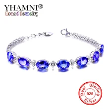 Yhamni чистый 925 пробы серебряный браслет простой синий камень браслет-цепочка для Для женщин AAA CZ Циркон Браслеты Jewelry ZH093